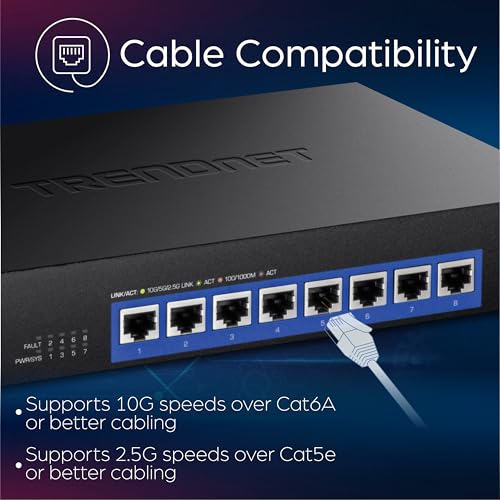 TRENDnet Interruptor de 8 Puertos 10G, 8 Puertos RJ-45 de 10 G, Capacidad de conmutación de 160 Gbps, Montaje en Rack de 10 Conexiones de Red Gigabit, protección de por Vida, Negro, TEG-S708