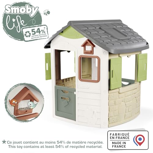 Smoby Life Casa Jura Lodge - Casa de Juegos Infantil con 2 Puertas Bajas, Ventanas con Contraventanas y Comedero para Pájaros - Material Reciclado - Resistente Rayos UV - Más de 2 años (7600810504)