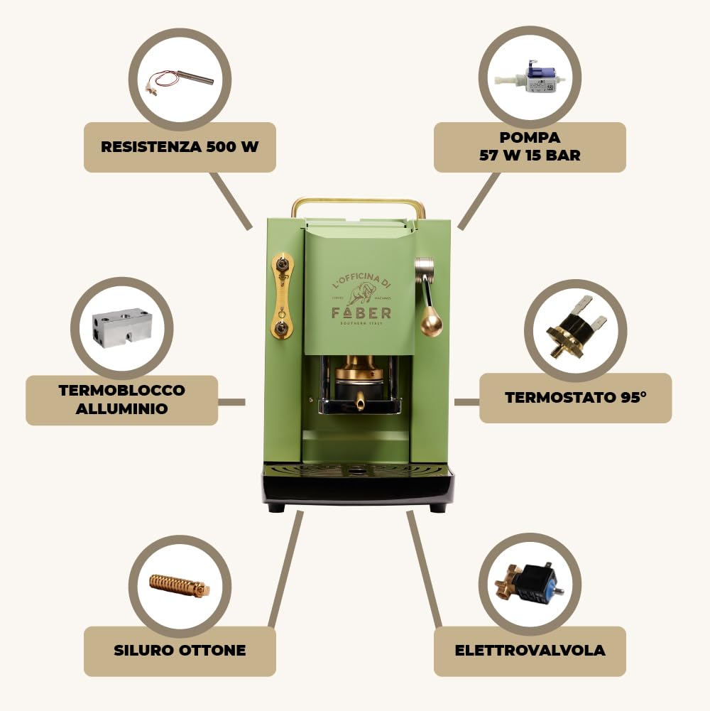 Cafeteras Faber modelo Pro Deluxe, cafetera en monodosis ESE 44 mm, acabado con revestimiento de latón, prensa de cápsulas ajustable de latón, electroválvula estándar (verde neón)