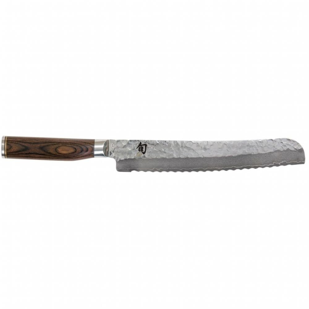 KAI Shun Premier Tim Mälzer Cuchillo japonés para pan con hoja de 23 cm - Núcleo VG-MAX 61 HRC, 32 capas de Damasco pulido - Mango de madera de Pakka color marrón medio - Superficie martillada