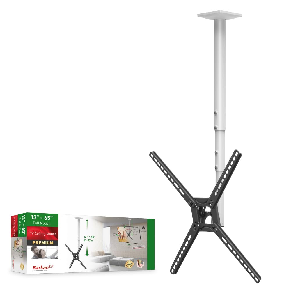 Barkan Soporte de TV de Techo, 97cm de Largo Blanco Giratorio e inclinable para Pantallas de 13-65 Pulgadas, Peso máximo 40Kg, Telescópico de Altura Ajustable, para LED OLED LCD, hasta VESA 400x400