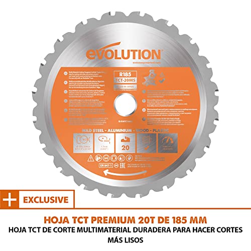 Evolution Sierra ingletadora deslizante de 185 mm (R185SMS+) de Evolution con corte multimaterial; bisel de 45°, inglete de 50°; guía láser. Incluye hoja multiusos