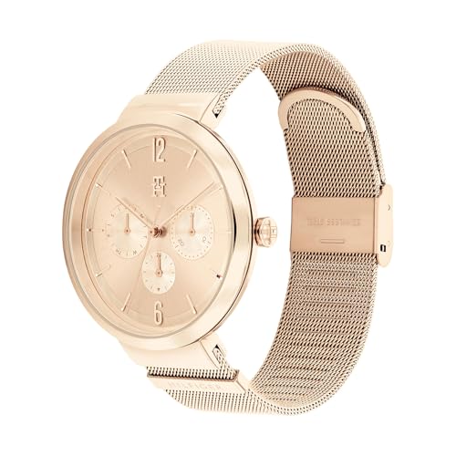 Tommy Hilfiger Reloj Analógico de Cuarzo Multifunción para Mujer con Correa de Malla de Acero Inoxidable de Oro Rosa - 1782538