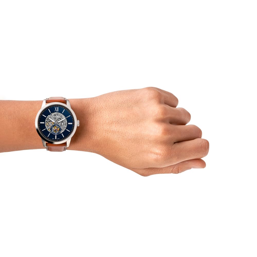 Fossil Reloj para hombre Townsman, movimiento mecánico automático, caja de 48mm de acero inoxidable plateado con correa de piel, ME3154, 48MM, Marrón y Tono Plateado