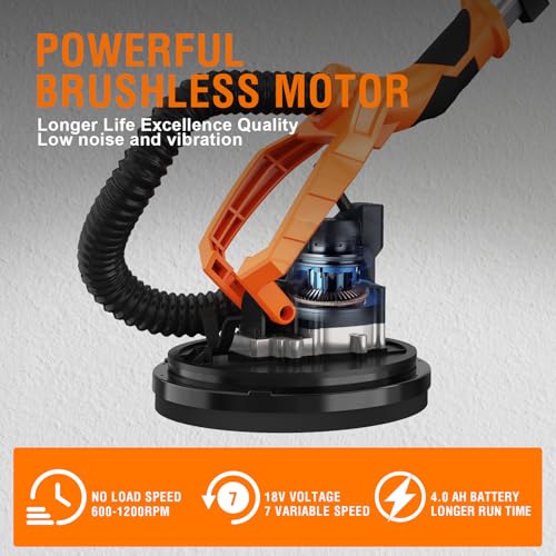 MAXXT Lijadora de pared 20V sin escobillas: Sistema de auto-aspiración, Control de velocidad continuo (600-1200 RPM), Disco de 225 mm, Plegable (extensible 110-165 cm), Para paredes y techos