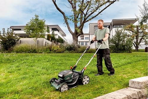 metabo cortacésped a batería RM 36-18 LTX BL 46 – 601606650 – 18 V – con función de Mulching – para Jardines de hasta 800 m² – Incluye 2 baterías y Cargadores