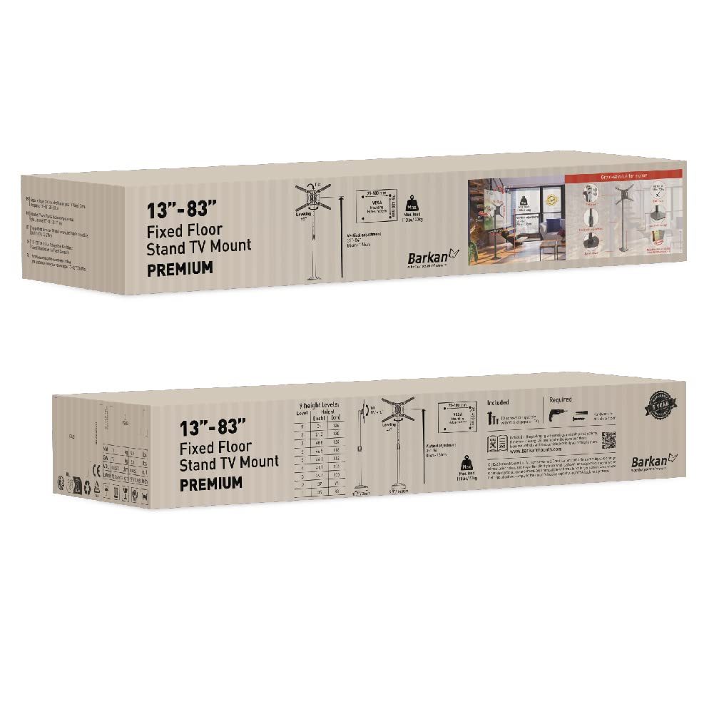 Barkan Soporte TV de Suelo para Pantallas de 13-83 Pulgadas, Giratorio e inclinación y Altura Ajustable, Acabado Brillante, TV Pie, Peso máximo 50Kg, hasta VESA 600x400, Atornillado al Suelo