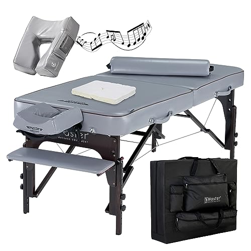 Master Massage Juego de Cama Plegable, Banco de Masaje, portátil, de Madera Maciza y Bolsa de Transporte, Color Gris Paloma con cojín Musical, Altavoz Bluetooth, 76 cm