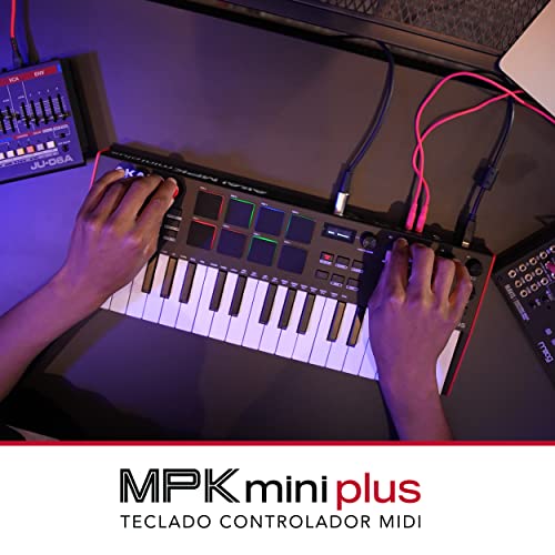 Akai Professional MPK Mini Plus - Teclado Controlador MIDI USB de 37 Mini Teclas con 8 Pads MPC, Secuenciador, MIDI/CV/Gate I/O, Software de Producción y Native Instruments Sound Package