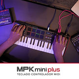 Akai Professional MPK Mini Plus - Teclado Controlador MIDI USB de 37 Mini Teclas con 8 Pads MPC, Secuenciador, MIDI/CV/Gate I/O, Software de Producción y Native Instruments Sound Package