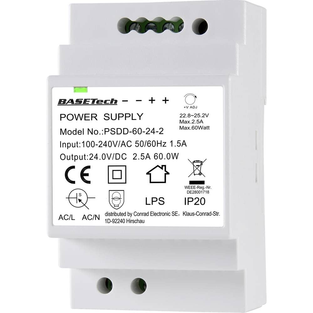 Basetech PSDD-60-24-2 - Fuente de alimentación para Carril DIN (24 V, 2,5 A, 60 W, 2 Unidades)