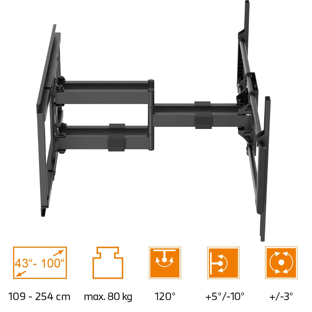 my wall Soporte de Pared Giratorio para TV de hasta 100 Pulgadas – HP43L – Soporte de TV orientable para 43 – 100 Pulgadas (109-254 cm), soporta hasta 80 kg, inclinable y Giratorio, Distancia a la