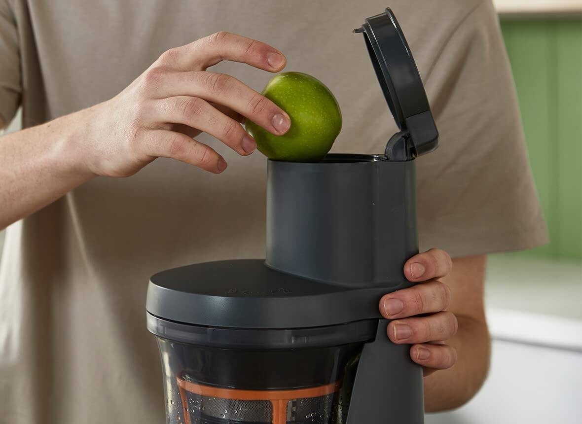 Kenwood PureJuice Pro JMP85.000SI, Extractor Zumo Verduras y Frutas con Recipiente para Pulpa y Jarra para Zumo, Tubo de Alimentación XL, Tapa Antigoteo, 230W, Plata