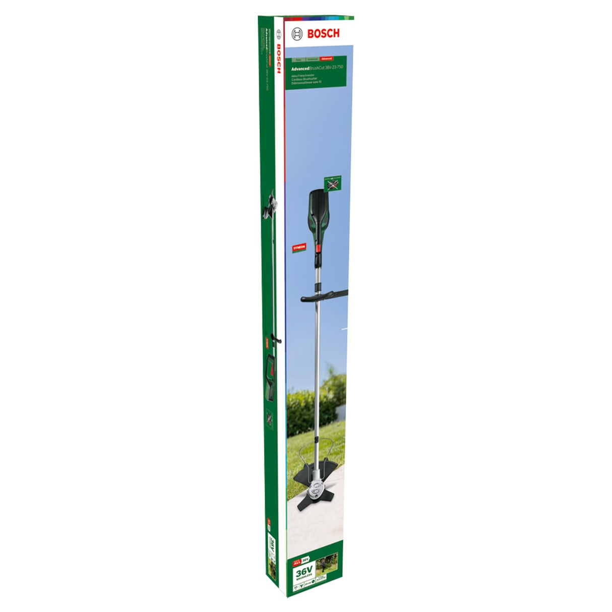 Bosch desbrozadora a batería AdvancedBrushCut 36V-23-750 (para tareas de desbroce exigentes; sistema de 36 voltios; diámetro de corte: 33 cm (hilo), 23 cm (cuchilla); 1 batería de 2,0 Ah y cargador)