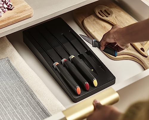 Joseph Joseph Elevate Cuchillos de Cocina Profesionales y Utensilios de Cocina, 10 piezas, con Almacenamiento para Cajón, Negro/Multicolor