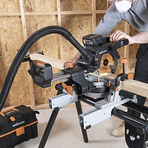 Evolution Sierra ingletadora deslizante inalámbrica R185SMS-Li de Evolution Power Tools con corte multimaterial,bisel de 45°,inglete de 50°, 850 W-Incluye batería de 4 Ah y cargador,hoja TCT de 185 mm