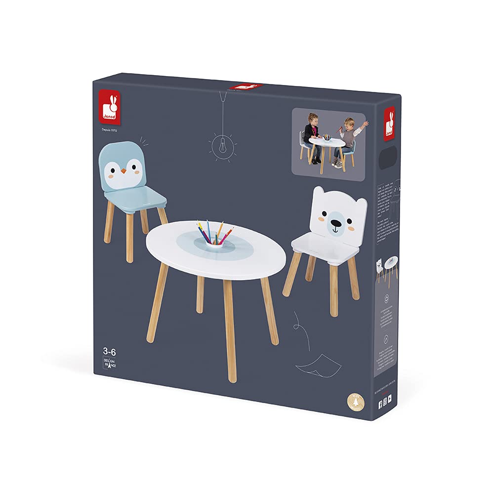 Janod - Mesa y 2 sillas de madera con forma de témpano - Mesa infantil redonda con portalápices extraíble - 1 silla con forma de oso polar y 1 silla con forma de pingüino - A Partir de 3 años, J09650