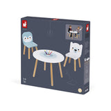 Janod - Mesa y 2 sillas de madera con forma de témpano - Mesa infantil redonda con portalápices extraíble - 1 silla con forma de oso polar y 1 silla con forma de pingüino - A Partir de 3 años, J09650