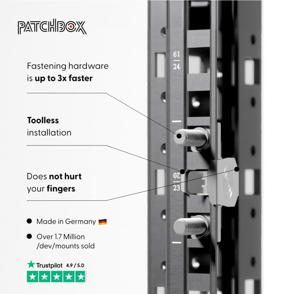 /Dev/Mount Paquete de 50 - Alternativa a Las Tuercas enjauladas de PATCHBOX, Sustituto de Tornillos de 19" Rack, más fácil y rápido Que Las Tuercas enjauladas M6 para Montar Hardware