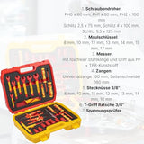 HÖGERT TECHNIK Juego de 25 herramientas de electricista aisladas de 1000 V, destornillador de ranura y cruz, alicates, pruebas de tensión, maletín de plástico