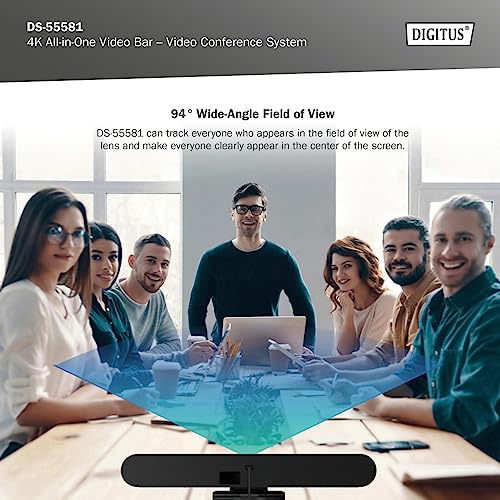 DIGITUS DS-55581 Video Bar Mini, Sistema de videoconferencia - Cámara Webcam 4K UHD 30 Hz ePTZ - 2 Micrófonos internos - Altavoz Interno 2 W - Autoenfoque y Zoom, Cancelación de Eco