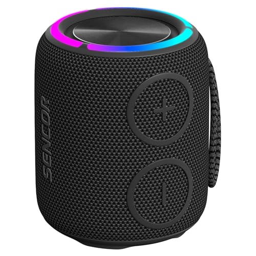 SENCOR Sirius 2 Mini Black, Altavoz Bluetooth 16W, IPX7 Resistente al Agua, 360° Sonido, LED Multicolor, Negro