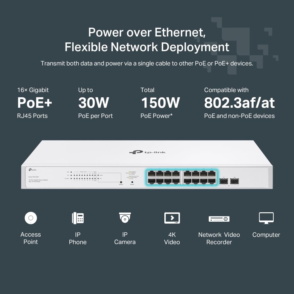 TP-Link Festa FS318GP - Switch PoE+ Gigabit de 18 Puertos, 16 Puertos PoE, Presupuesto de 150W, Gestión en la Nube, QoS para Videovigilancia y Redes Empresariales