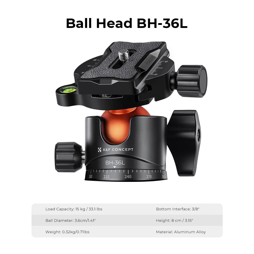 K&F CONCEPT Trípode Cámara de Carbono Compacto con Rótula de Bola 360°Compatible con Cámara DSLR, Carga Máxima: 15KG (A255C2+BH-36L)