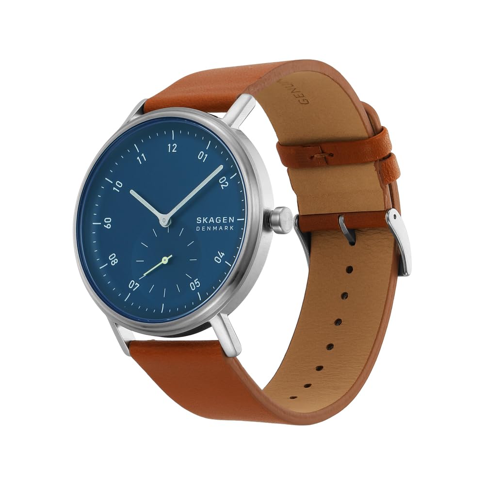 Skagen Kuppel Reloj para Hombre, Movimiento cronógrafo de Cuarzo con Correa de Acero Inoxidable o Piel, Marrón y Azul, 44MM