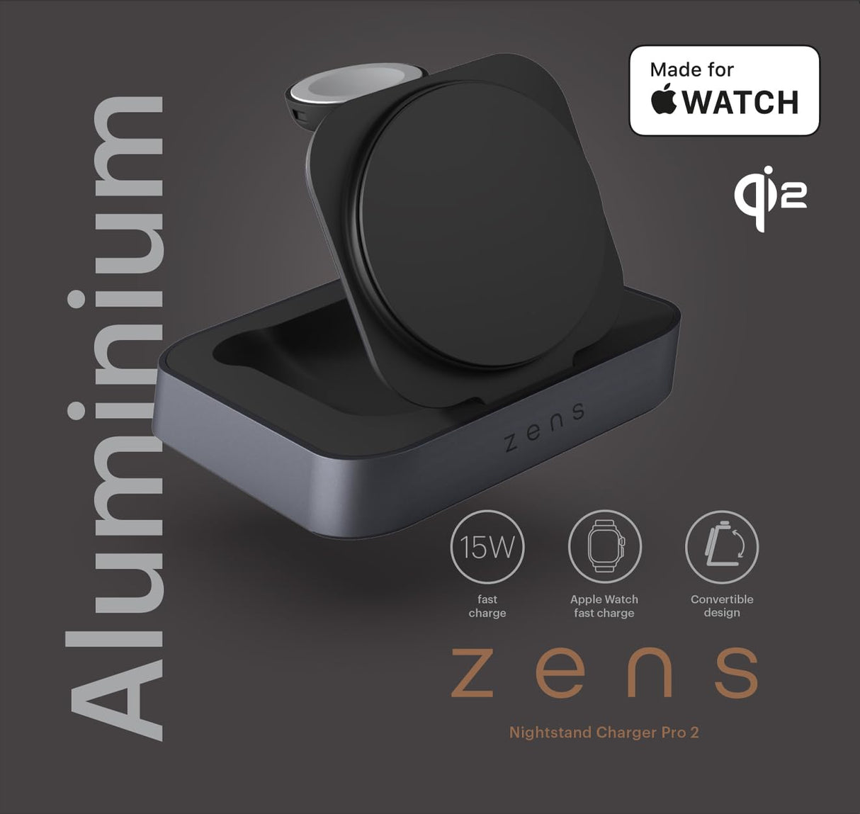 Zens Nightstand Magnetic Wireless Charger Pro 2, Cargador inalámbrico MagSafe y Qi 15 W para iPhone/Apple Watch/AirPods, Incluye Adaptador de Corriente de 20 W (EU/UK/US), Negro
