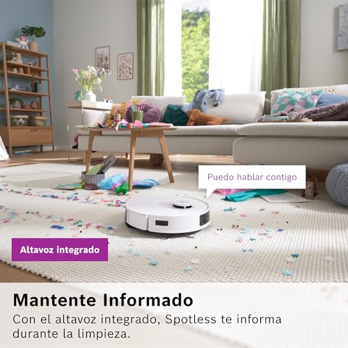 Bosch - Robot Aspirador Spotless +, BCRD1W, aspira y friega, Potencia 11.000 Pa², Almohadilla húmeda Fija, estación Seca, Sistema Inteligente de visión por Infrarrojos, Bosch Home Connect App, Blanco