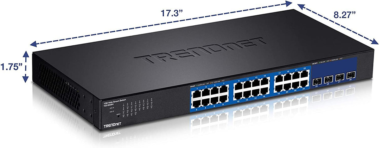 TRENDnet, TEG-30284, Conmutador Web Inteligente de 28 Puertos, 24 Puertos Gigabit, 4 Ranuras SFP+ de 10 G, Enlaces ascendentes de Red de Alta Velocidad, Montaje en Rack 1U, Negro