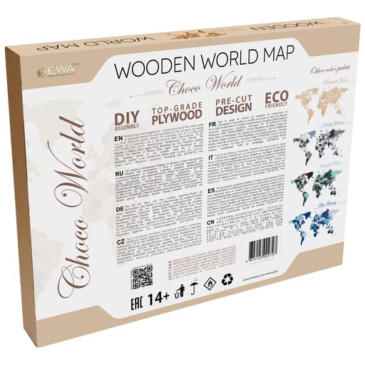 EWA Eco-Wood-Art - Mapa del Mundo L Mundo Chocó - Rompecabezas 3D de Madera para Interior y diseño - Recuerdo, Regalo, Cocina, Decoración del hogar, Interior - 127 Piezas