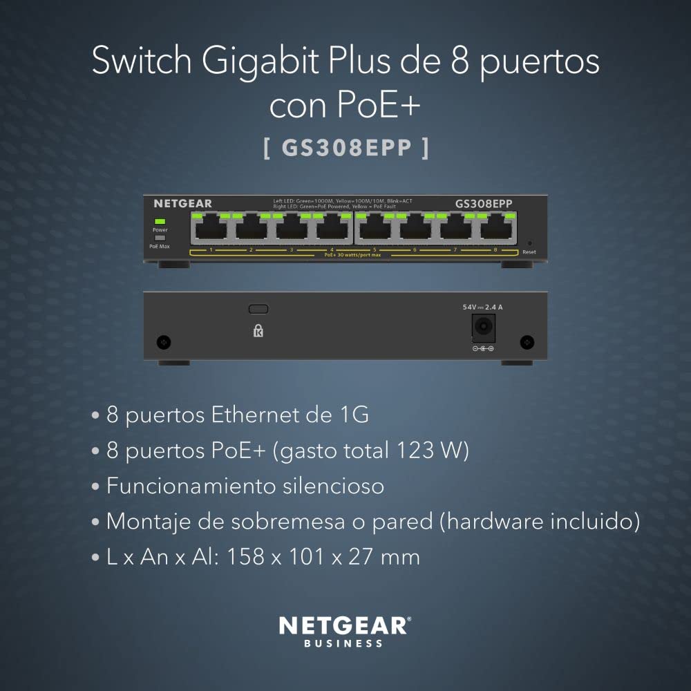 NETGEAR Switch Ethernet, 8 Puertos, conmutador de Red Gigabit Ethernet Plus (GS308EPP) - con 8 x PoE+ @ 123W