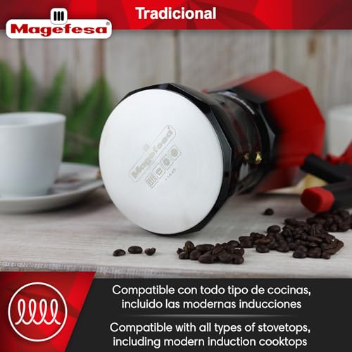 MAGEFESA Tradicional - Cafetera Italiana Negra y Roja, 9 Tazas, 450ml, Acero Inoxidable y Aluminio, Todo Tipo de Cocinas, Induccion, Mango Toque Frío