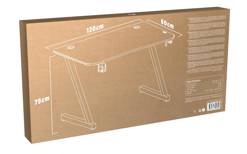 Konix Escritorio Gaming Spectra 120 x 60 x 75 cm en Forma de Z - 30 Modos luz LED - Estructura metál - Portavasos - Soporte para Auriculares - Negro