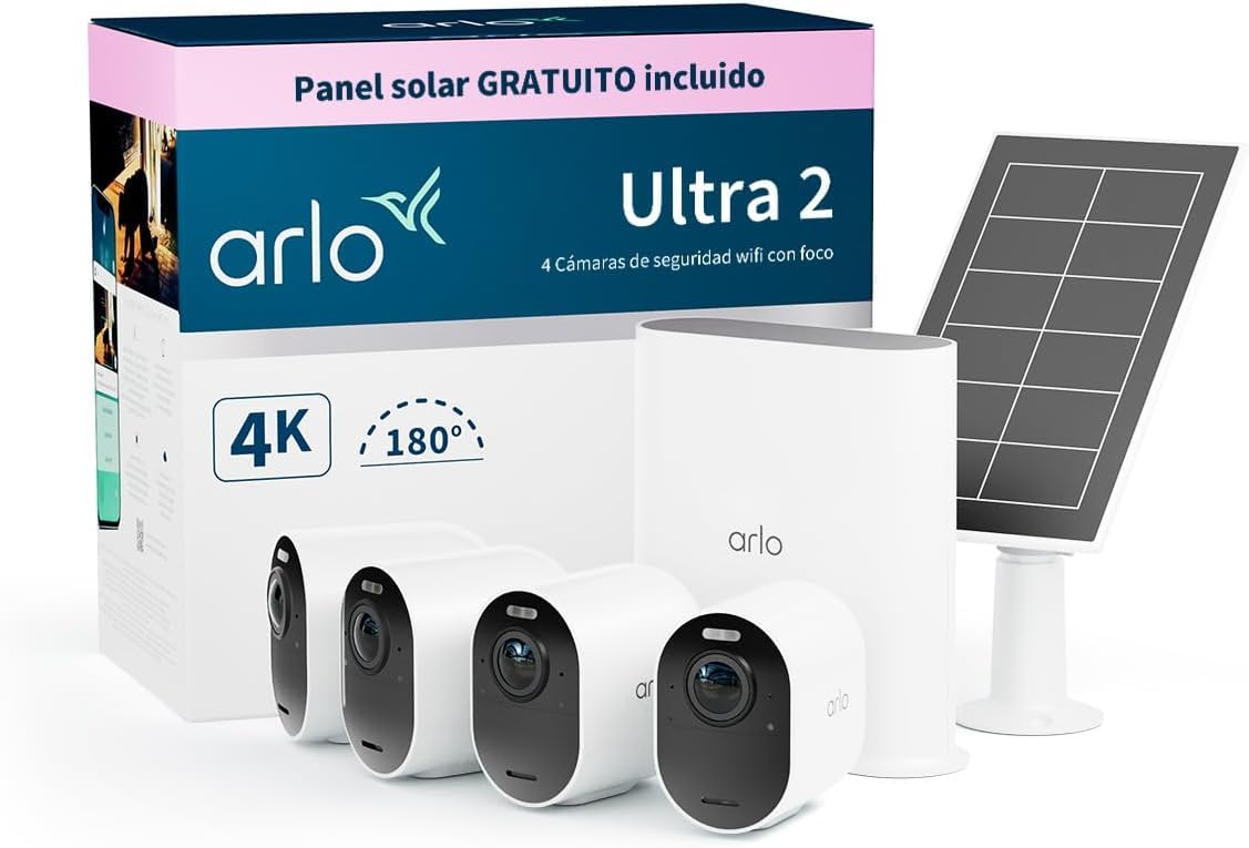 Arlo Ultra 2 Camara de Vigilancia WiFi Exterior 4K + Panel Solar, Camara de Vigilancia WiFi Interior, Sensor de Movimiento, Visión Nocturna Color, Prueba Arlo Secure Incluida, 4 Cámaras, Blancas