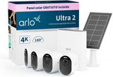 Arlo Ultra 2 Camara de Vigilancia WiFi Exterior 4K + Panel Solar, Camara de Vigilancia WiFi Interior, Sensor de Movimiento, Visión Nocturna Color, Prueba Arlo Secure Incluida, 4 Cámaras, Blancas
