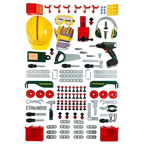 Theo Klein 8485 Banco de trabajo N.º 1 de Bosch I 150 piezas I Incluye destornillador eléctrico, set de construcción, máquina amoladora y mucho más I Medidas: 62 cm x 42 cm x 100 cm