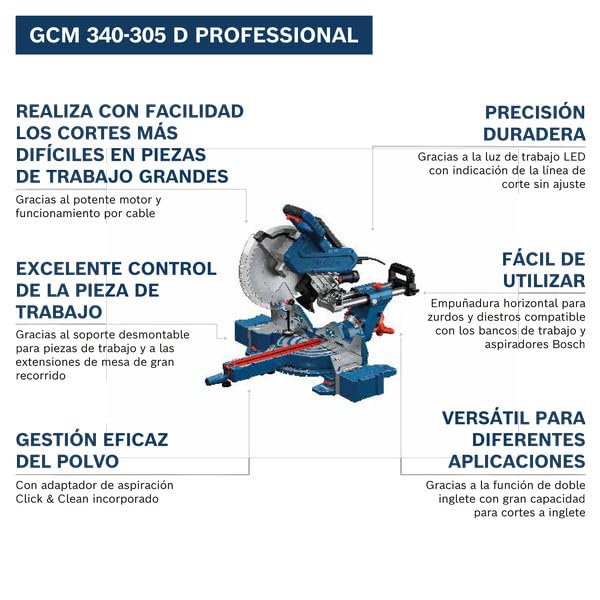 Bosch Professional sierra ingletadora con cable GCM 340-305 D (incl. regla, pinza de sujeción, saco para polvo, bloque de soporte, disco, llave)