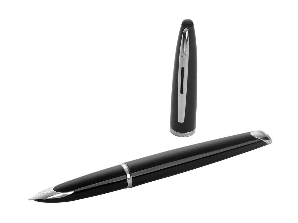 Waterman Carène Black Sea pluma estilográfica | color negro muy brillante con adorno chapado en paladio | plumín mediano con cartucho de tinta azul | estuche de regalo