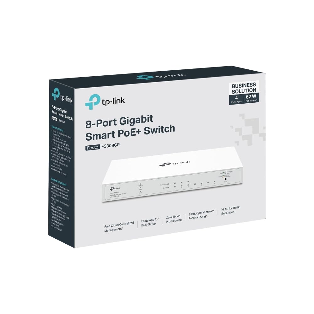 TP-Link Festa FS308GP - Switch PoE+ Gigabit de 8 Puertos, 4 Puertos PoE, 62W, Gestión en la Nube, Seguridad Avanzada, Fácil Implementación en Redes Empresariales