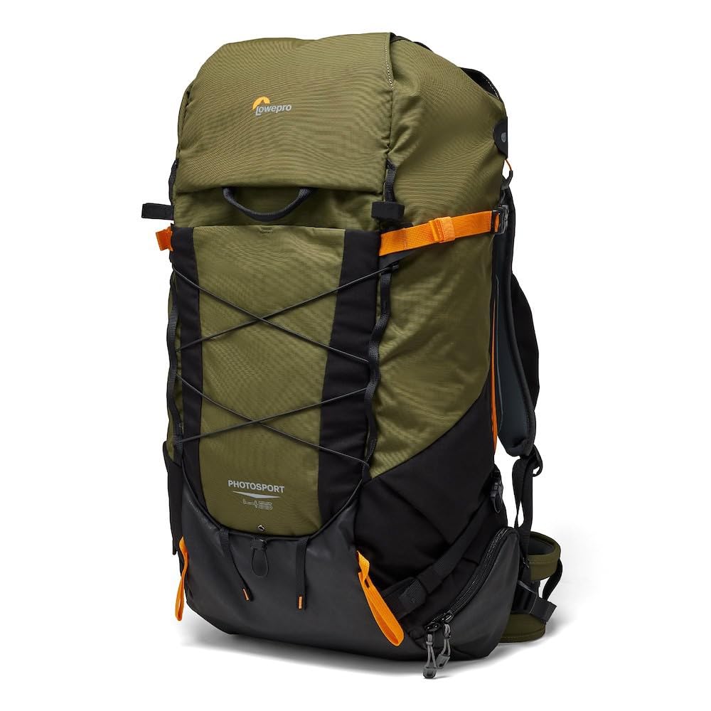 Lowepro Mochila PhotoSport X 45L AW con Tejidos Reciclados, Cámara Reflex y Mirrorless, Acceso Trasero, Compartimento Extraíble para Cámara, Características para Montaje, Talla M/L, Gris Oscuro/Verde