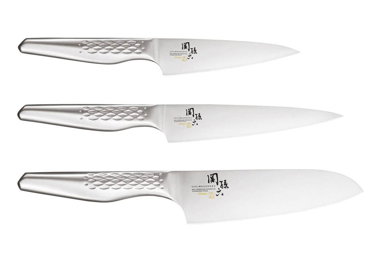 KAI Seki Magoroku Shoso Juego de cuchillos 3 piezas - Cuchillo multiusos de 12 cm, Cuchillo multiusos de 15 cm, Santoku de 16,5 cm - Acero 5CR15MoV 56 (±1) HRC - Mango de acero inoxidable 18-8
