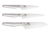 KAI Seki Magoroku Shoso Juego de cuchillos 3 piezas - Cuchillo multiusos de 12 cm, Cuchillo multiusos de 15 cm, Santoku de 16,5 cm - Acero 5CR15MoV 56 (±1) HRC - Mango de acero inoxidable 18-8