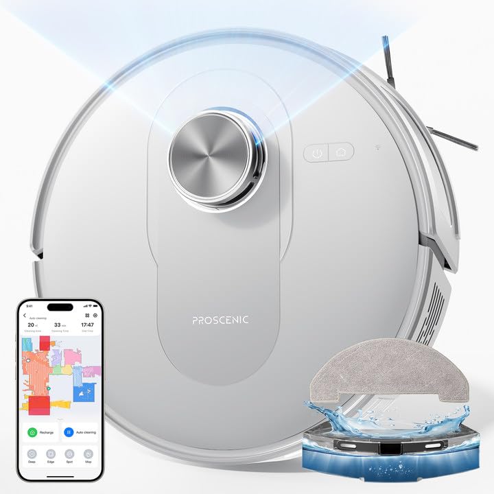 Proscenic Q8 Robot Aspirador con función de Limpieza, 4200 Pa, 200 min, Potente Robot de navegación láser con 5 Tarjetas, Control Mediante aplicación Alexa Siri IFTTT, para Suelos, alfombras, Pelo de