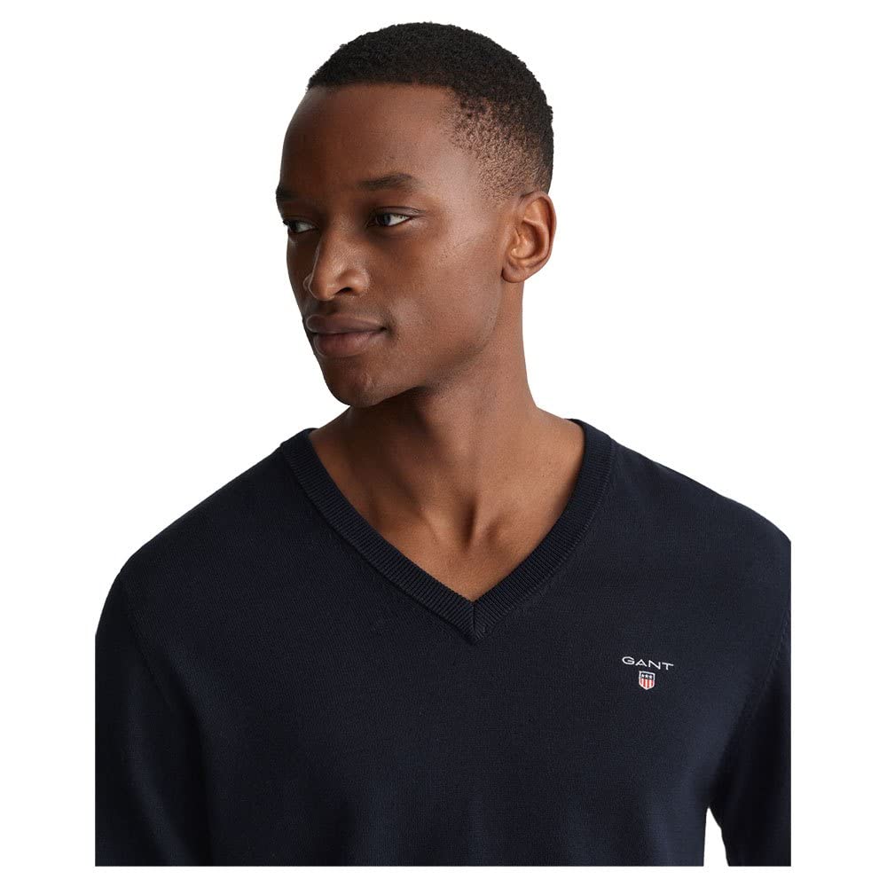 GANT Cuello en V de algodón Suéter, Azul Noche, M para Hombre