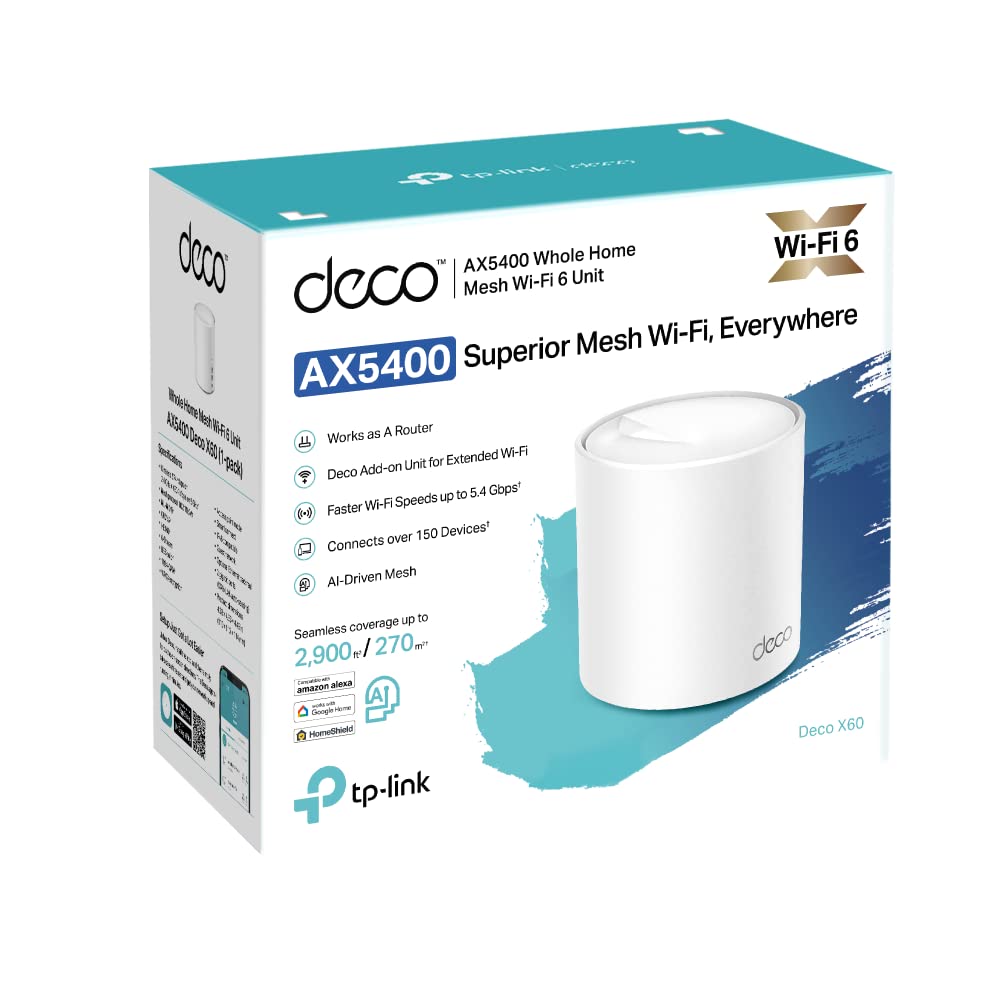 TP-Link Deco X60 - Enrutador de Malla AX5400Mbps Wi-Fi 6, Router y repetidor, 160 MHz, Ideal para Casas Grandes, Compatible con Amazon Alexa, 2 Puertos Gigabit