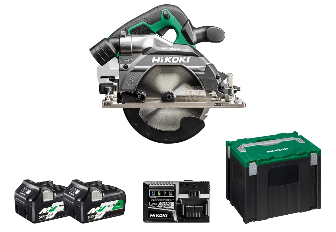 HIKOKI Akku Kreissäge C3606DB (36V, Akku 2,5 Ah, Brushless, Sägeblatt Ø: 165mm, Sägeblattboh. Ø: 20mm, Max.Sägeleistung. bei 90°: 66mm, Gehrungssch. von/bis: -5° bis 45°) Plus Zubehör im HSC IV Koffer