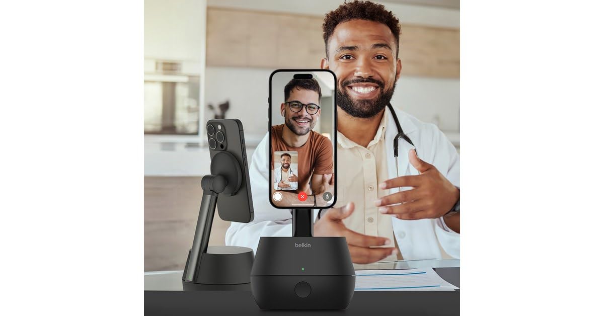 Belkin Soporte para móvil Pro con Seguimiento automático y DockKit, Cargador inalámbrica MagSafe de 15 W, rastreo 360°, integración iOS para iPhone 16, 15, 14, 13 y 12, Adaptador CA y Cable de 1,5 m